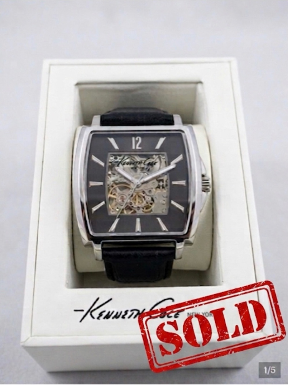 SOLD! Kenneth Cole Silver-Tone Case Black Dial Exposed-gear Center Leather Watch